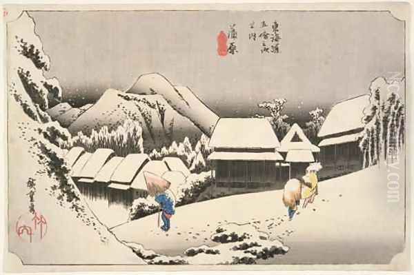 Evening Snow at Kambara No 16 from The 53 Stations of the Tokaido Oil Painting by Utagawa or Ando Hiroshige