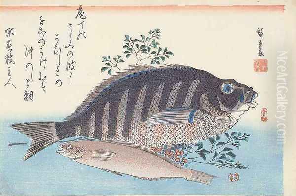 Shimadai and Ainame from the series The Large Fish Utagawa School Oil Painting by Utagawa or Ando Hiroshige