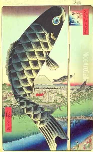 Suido Bridge and Surugadai Suidobashi Surugadai No 48 from Famous Views of Edo Edo Period Ansei Era Oil Painting by Utagawa or Ando Hiroshige