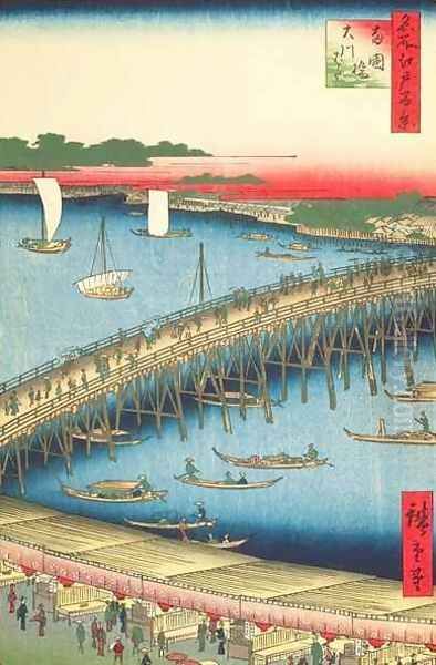 Ryogoku Bridge and the Great Riverbank no 59 from One Hundred famous Views of Edo Oil Painting by Utagawa or Ando Hiroshige