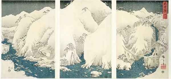 Snow storm in the mountains and rivers of Kiso Oil Painting by Utagawa or Ando Hiroshige