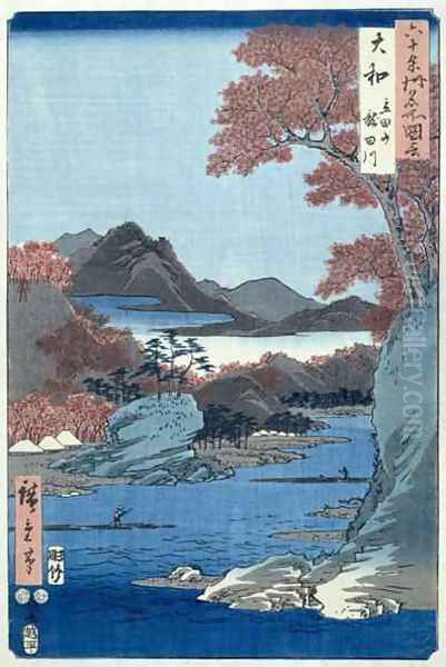 Tatsuta River Yamato Province Oil Painting by Utagawa or Ando Hiroshige