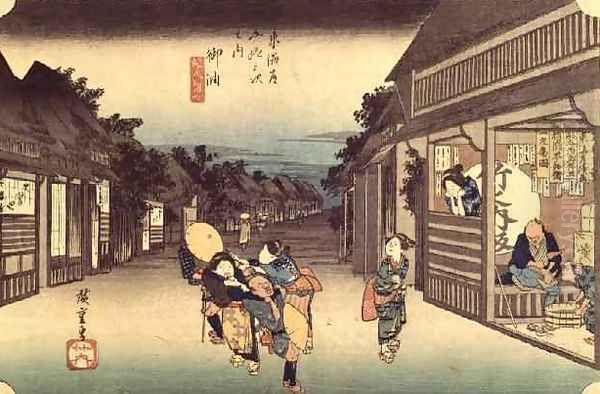 Waitresses soliciting travellers Goyu from the series 53 Stations of the Tokaido Oil Painting by Utagawa or Ando Hiroshige