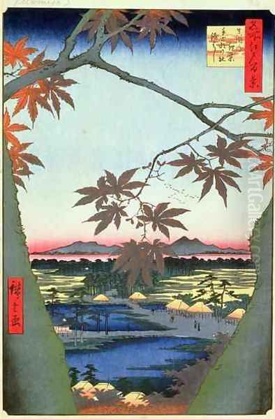 Maple Trees at Mam Tekona Shrine and Linked Bridge Oil Painting by Utagawa or Ando Hiroshige