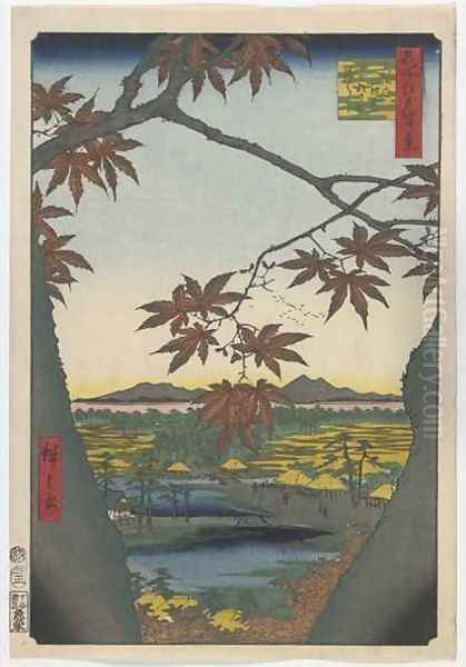 Maple Trees at Mama Tekona Shrine and Linked Bridge Edo period Oil Painting by Utagawa or Ando Hiroshige