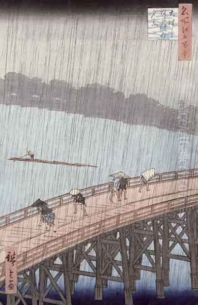 Sudden Shower over Shin Ohashi Bridge and Atake Ohashi Atake no Yudachi from the series Meisho Edo Hyakkei One Hundred Famous Views of Edo Oil Painting by Utagawa or Ando Hiroshige