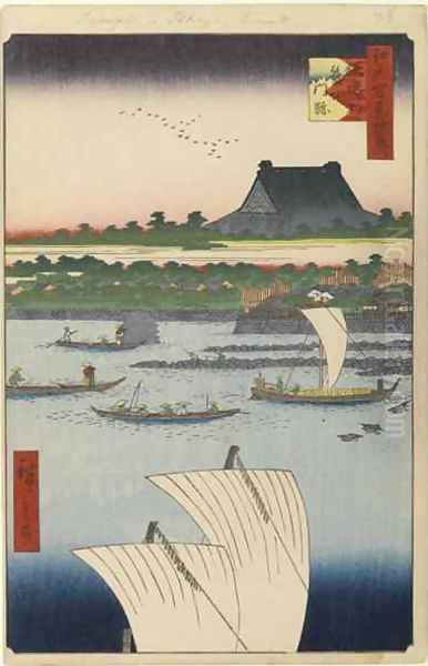 Teppozu and Tsukiji Honganji Temple No 78 from One Hundred Famous Views of Edo Oil Painting by Utagawa or Ando Hiroshige