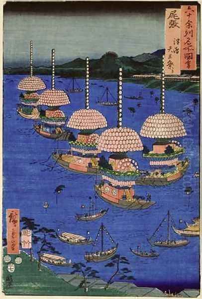 Decorated Boats at the Sanno Festival at Tsushima Owari Province from Famous Places of the Sixty Provinces Oil Painting by Utagawa or Ando Hiroshige