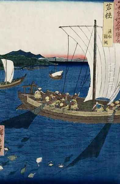 Fishermen Netting Sole Wakasa Province from Famous Places of the Sixty Provinces Oil Painting by Utagawa or Ando Hiroshige