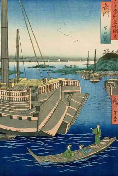 Shimonoseki harbour with boats Nagato Province from Famous Places of the Sixty Provinces Oil Painting by Utagawa or Ando Hiroshige