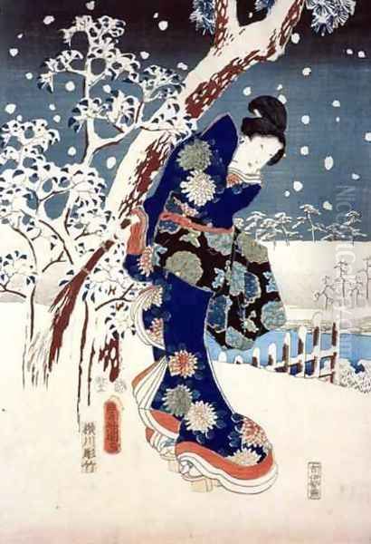 Snow Scene in the Garden of a Daimyo part of Triptych Oil Painting by Utagawa or Ando Hiroshige