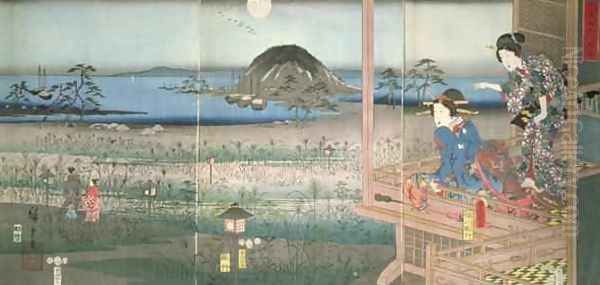 The Lady Fujitsubo watching Prince Genji departing in the moonlight Oil Painting by Utagawa or Ando Hiroshige