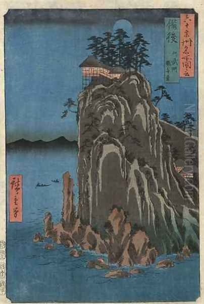 House on a cliff at night Oil Painting by Utagawa or Ando Hiroshige