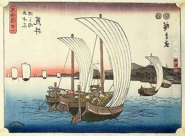 Sailing boats at Arai from the series 53 Stations of the Tokaido Oil Painting by Utagawa or Ando Hiroshige