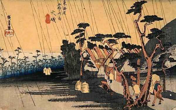 Sudden Shower Oiso from the series Fifty three Stations of the Tokaido Highway Oil Painting by Utagawa or Ando Hiroshige