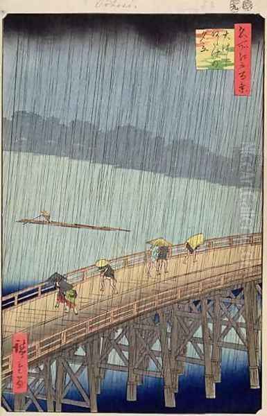 Sudden Shower over Shin Ohashi Bridge and Atake Ohashi Atake no Yudachi Oil Painting by Utagawa or Ando Hiroshige