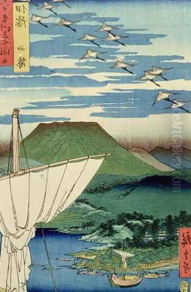 Boats village and castle at Ueno Iyo Province from Famous Places of the Sixty Provinces Oil Painting by Utagawa or Ando Hiroshige