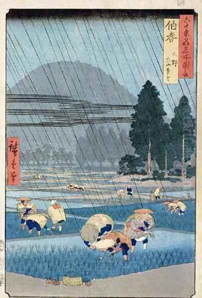 Rice Planting in Hoki Province with a Distant View of O Yama Oil Painting by Utagawa or Ando Hiroshige