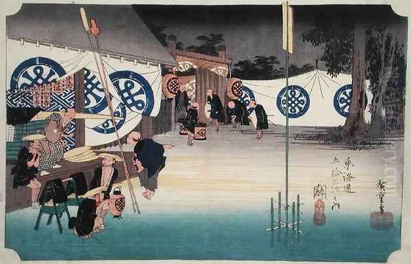 Seki Early Departure from the Daimyos Inn from Fifty three Stations on the Tokaido Highway Oil Painting by Utagawa or Ando Hiroshige