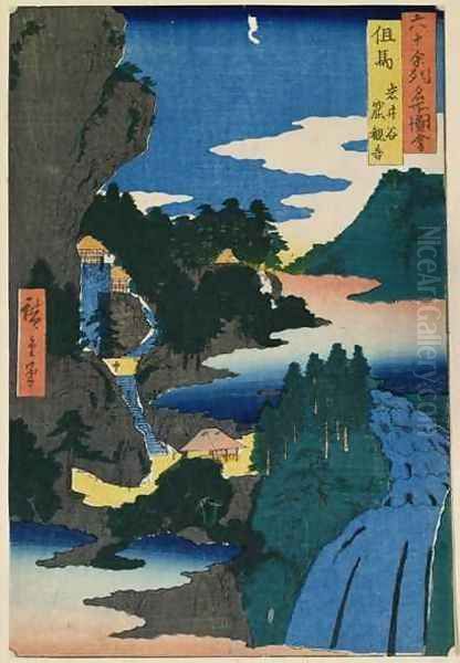 The cave of Kwannon Iwai Valley Tajima Province from Famous Places of the Sixty Provinces Oil Painting by Utagawa or Ando Hiroshige