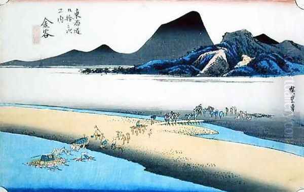 Kamaya Oigawa Embo Further Bank of the Oi River No 25 from the series 53 Stations of the Tokaido Raod Oil Painting by Utagawa or Ando Hiroshige