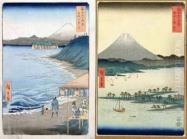 Mountains and coastline two views from 36 Views of Mount Fuji Oil Painting by Utagawa or Ando Hiroshige