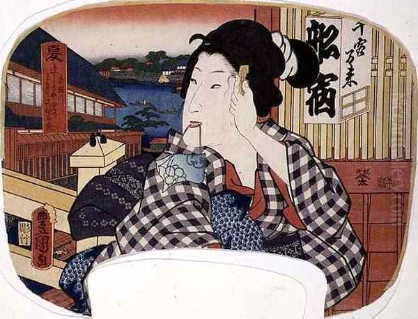 Summer the river at Ryoguku A geisha combing her hair design for a fan from a set of four illustrating the seasons Oil Painting by Utagawa or Ando Hiroshige