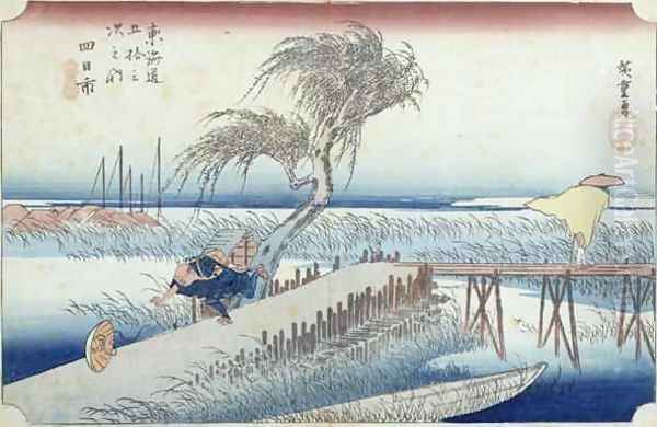 The Hurricane Yokkaichi no44 from the series 53 Stations of the Tokaido Road Oil Painting by Utagawa or Ando Hiroshige