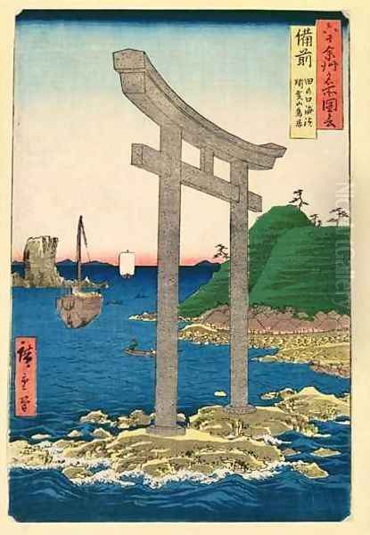 The Beach at Tanookuchi with the Archway of Yugasan Temple Bizen Province Oil Painting by Utagawa or Ando Hiroshige