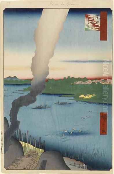 Tile Kilns and Hashiba Ferry Sumida River Oil Painting by Utagawa or Ando Hiroshige