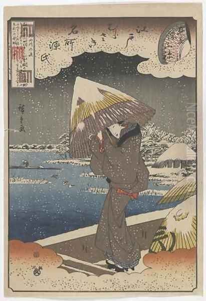 Famous Sites in Edo and Chapters from the Tale of Genji: Ferry on the Sumida River matched with the Ukifune Chapter Edo period Oil Painting by Utagawa or Ando Hiroshige