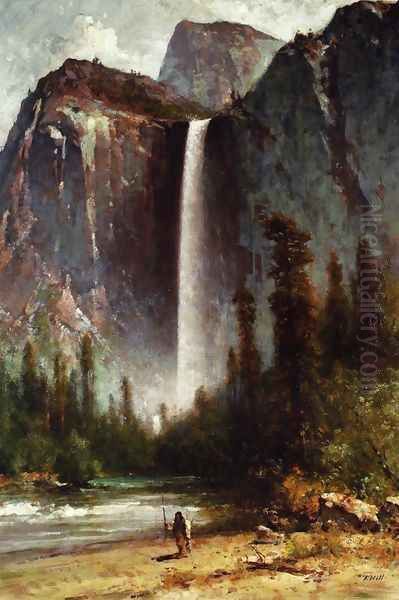 Ahwahneechee - Piute Indian at Bridal Veil Falls, Yosemite Oil Painting by Thomas Hill