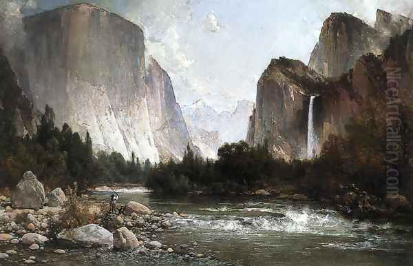 Piute Fishing on the Merced River, Yosemite Valley Oil Painting by Thomas Hill