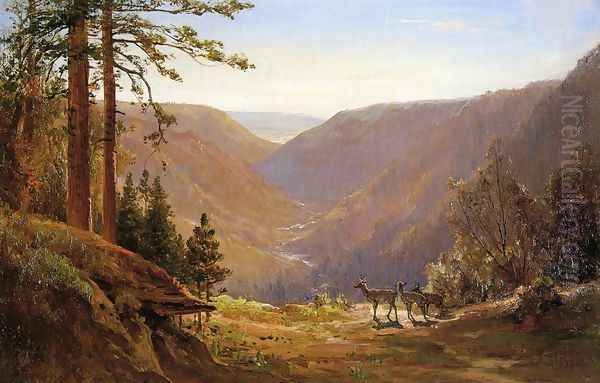 Valley with Deer Oil Painting by Thomas Hill