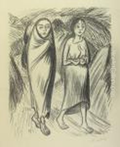 Steiniger Weg. - Drei Graue Weiber. Blatt 6 Und 8 Der Folge <die Ausgestossenen>. Oil Painting by Ernst Barlach