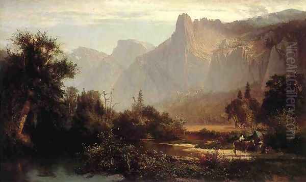 Piute Indian family in Yosemite Valley. Oil Painting by Thomas Hill