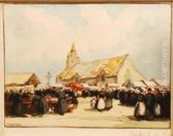 Study Of A French Market Square With Figures And Stalls To The Fore And Church Oil Painting by Henri Alphonse Barnoin