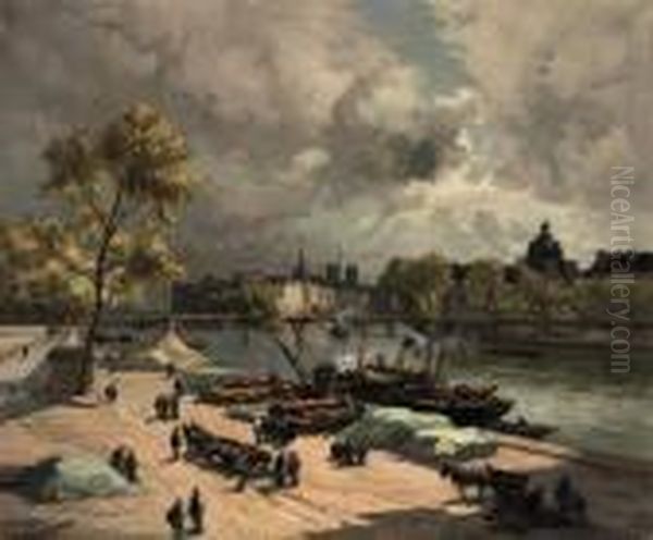 Port St. Nicolas, Bords De Seine: On A Quay Along The Seine,paris Oil Painting by Henri Alphonse Barnoin