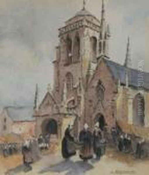 Sortie De La Messe A Locronan Oil Painting by Henri Alphonse Barnoin