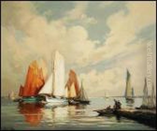 Fishing Boats In The Harbour Oil Painting by Henri Alphonse Barnoin