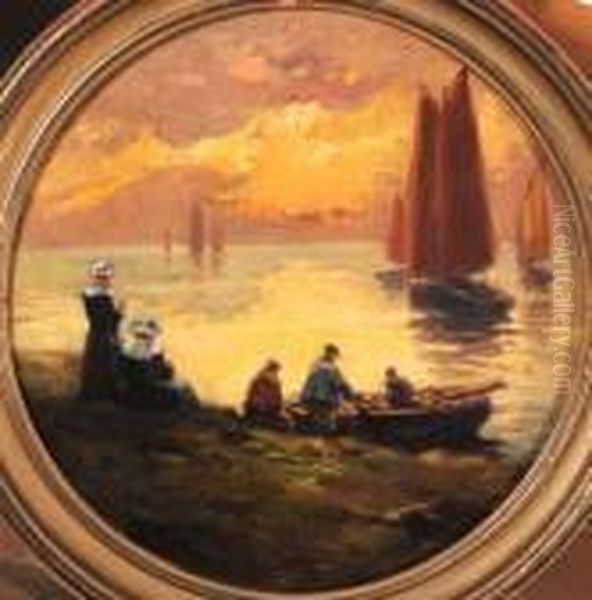 Retour De Peche Soleil Couchant Oil Painting by Henri Alphonse Barnoin