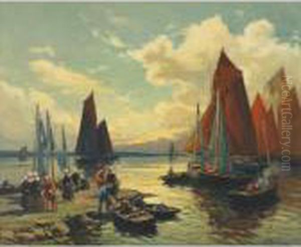 Brittany Harbour Oil Painting by Henri Alphonse Barnoin