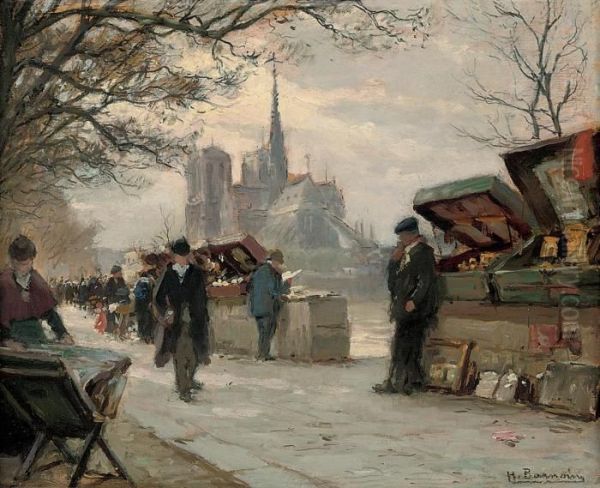 Selling Antiques By The Seine, Notre Dame Beyond Oil Painting by Henri Alphonse Barnoin