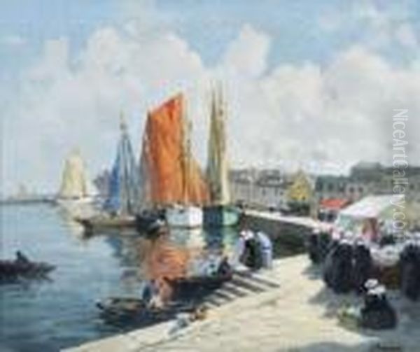 Bateaux De Peche Sechant Leurs Voiles A Concarneau Oil Painting by Henri Alphonse Barnoin