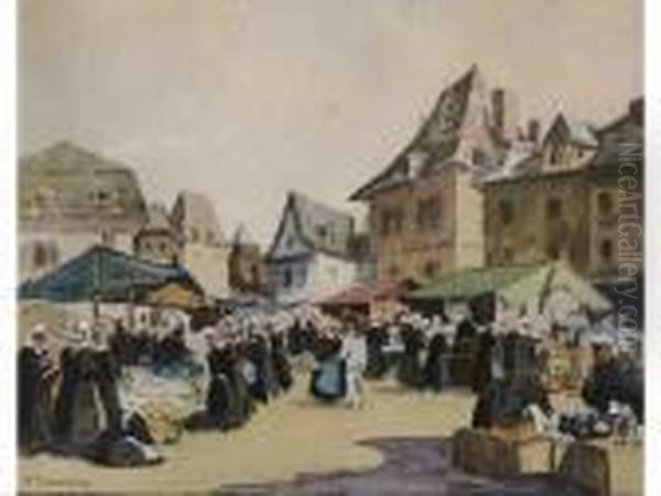 Marche Aux Faiences A Quimper Oil Painting by Henri Alphonse Barnoin