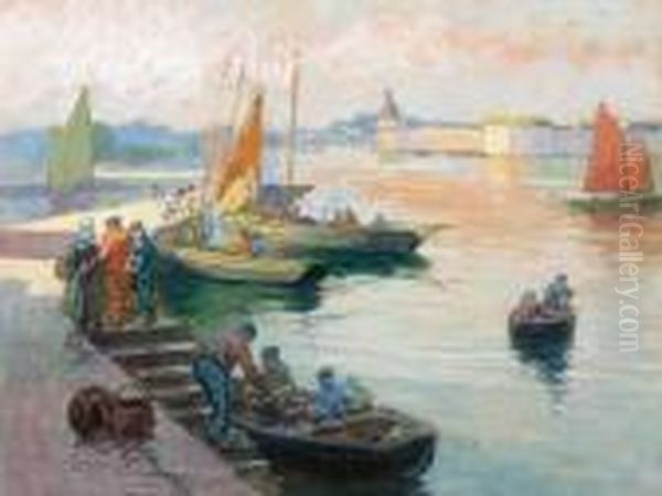 Retour De Peche A Concarneau Oil Painting by Henri Alphonse Barnoin