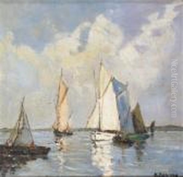 Sailing Ships Off The Coast Oil Painting by Henri Alphonse Barnoin