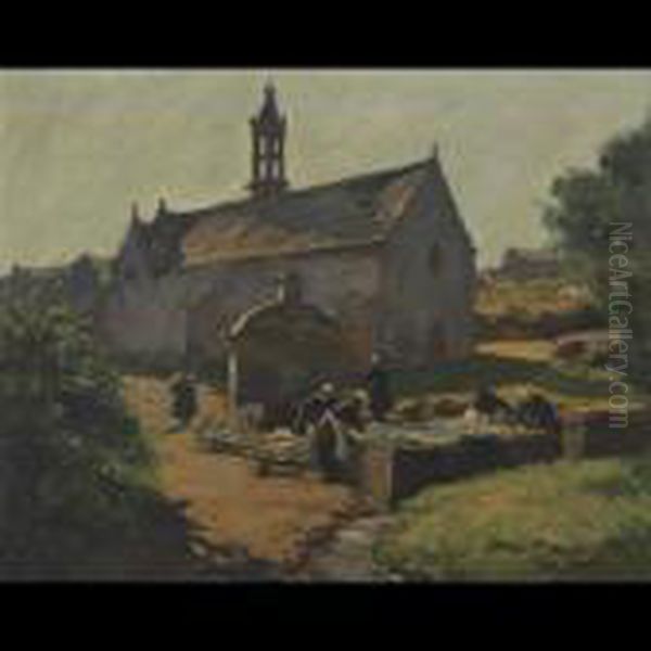 Breton Washerwomen At A Sunlit Trough Oil Painting by Henri Alphonse Barnoin