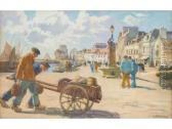 Pecheurs Sur Le Port Deconcarneau Oil Painting by Henri Alphonse Barnoin