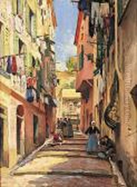 Rue Animee Dans Une Ville Mediterraneenne Oil Painting by Henri Alphonse Barnoin